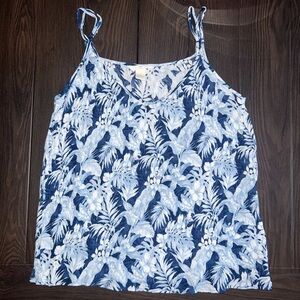 H&M L.O.G.G. Womens Crinkled Strappy Top, Blue/Leaf Print, L